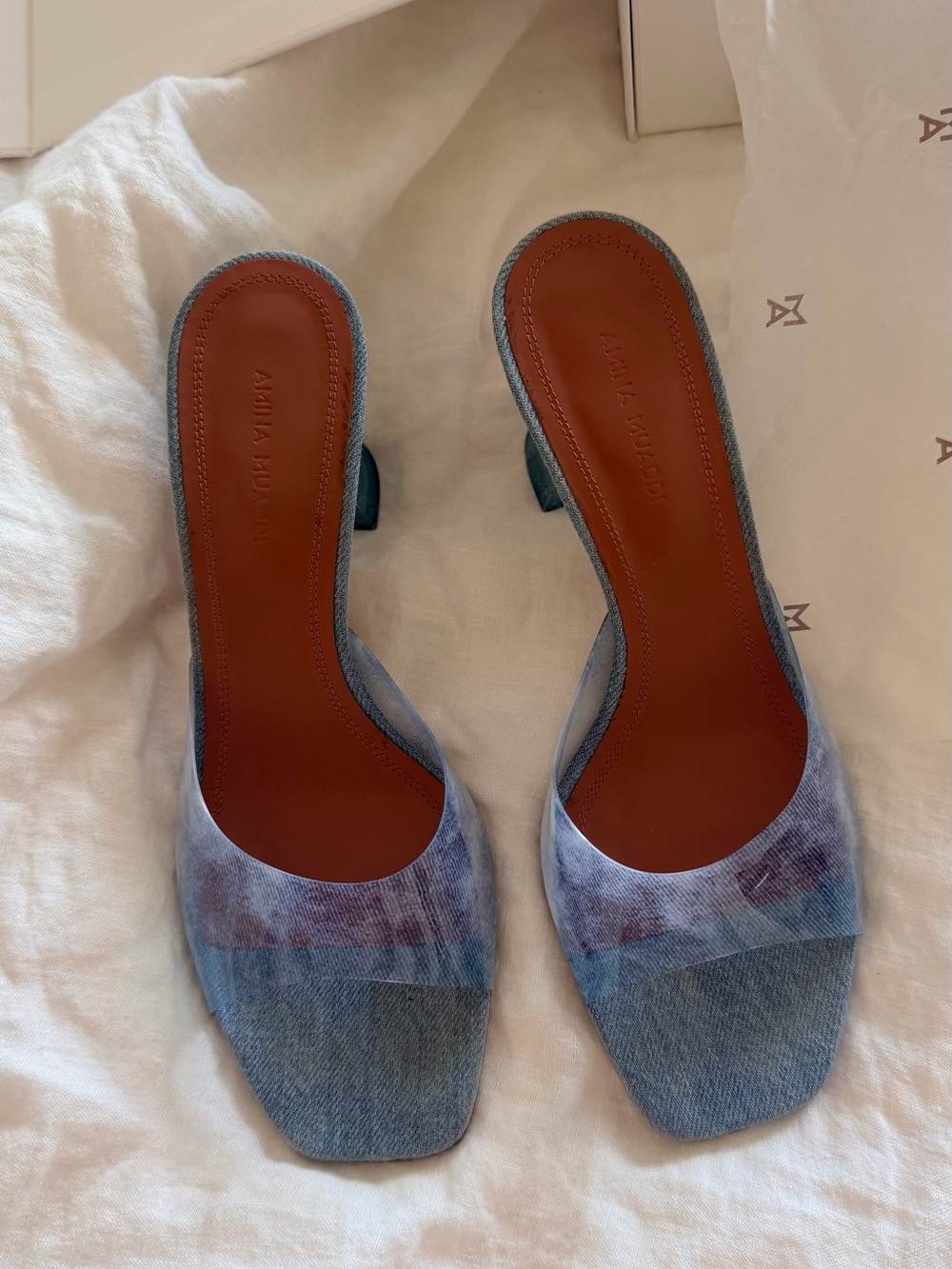 Amina Muaddi Denim-Blue Square-Toe Slide Mules with Subtle Lavender Accents